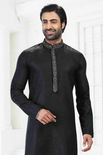 Thumbnail for Raivat Ethnic Linen Cotton Thread Work Kurta Pajama In Black Colour - Dista