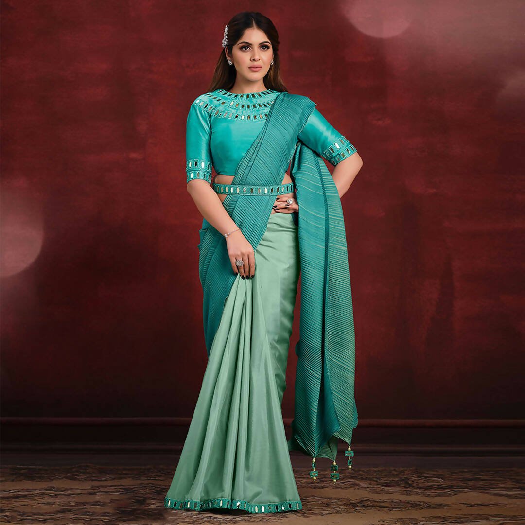 Aqua Blue Crepe Silk Georgette Mirror Thread Work/ Texture Pallu Saree - Mohmanthan Kimiya - Distacart