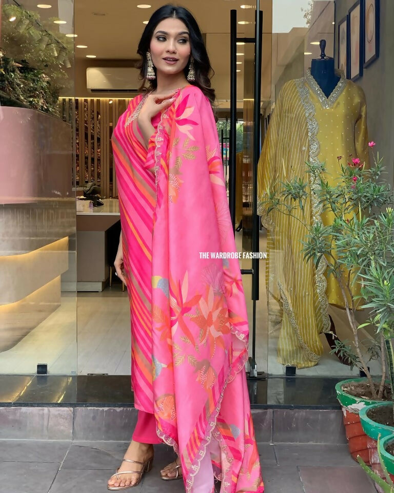 Partywear Designer Pure Russian Silk Pink Stitched Suit With Dupatta - Tanisha - Distacart