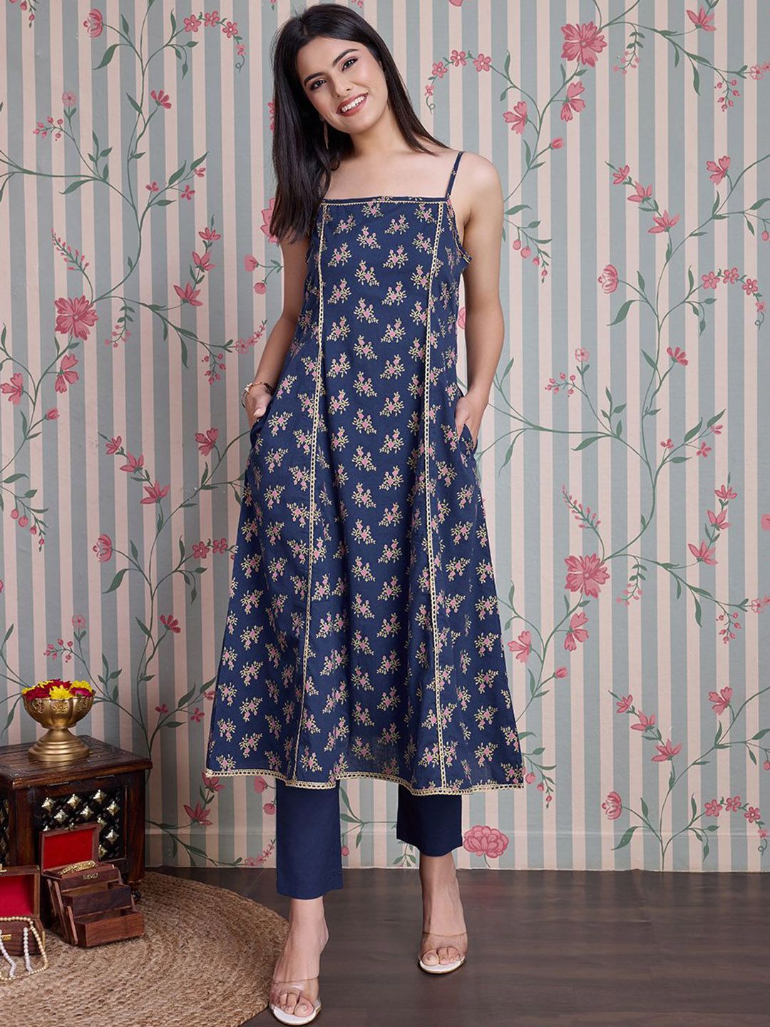 Ode by House of Pataudi Floral Printed Gotta Patti Pure Cotton Anarkali Kurta Set - Distacart