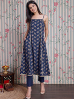 Thumbnail for Ode by House of Pataudi Floral Printed Gotta Patti Pure Cotton Anarkali Kurta Set - Distacart