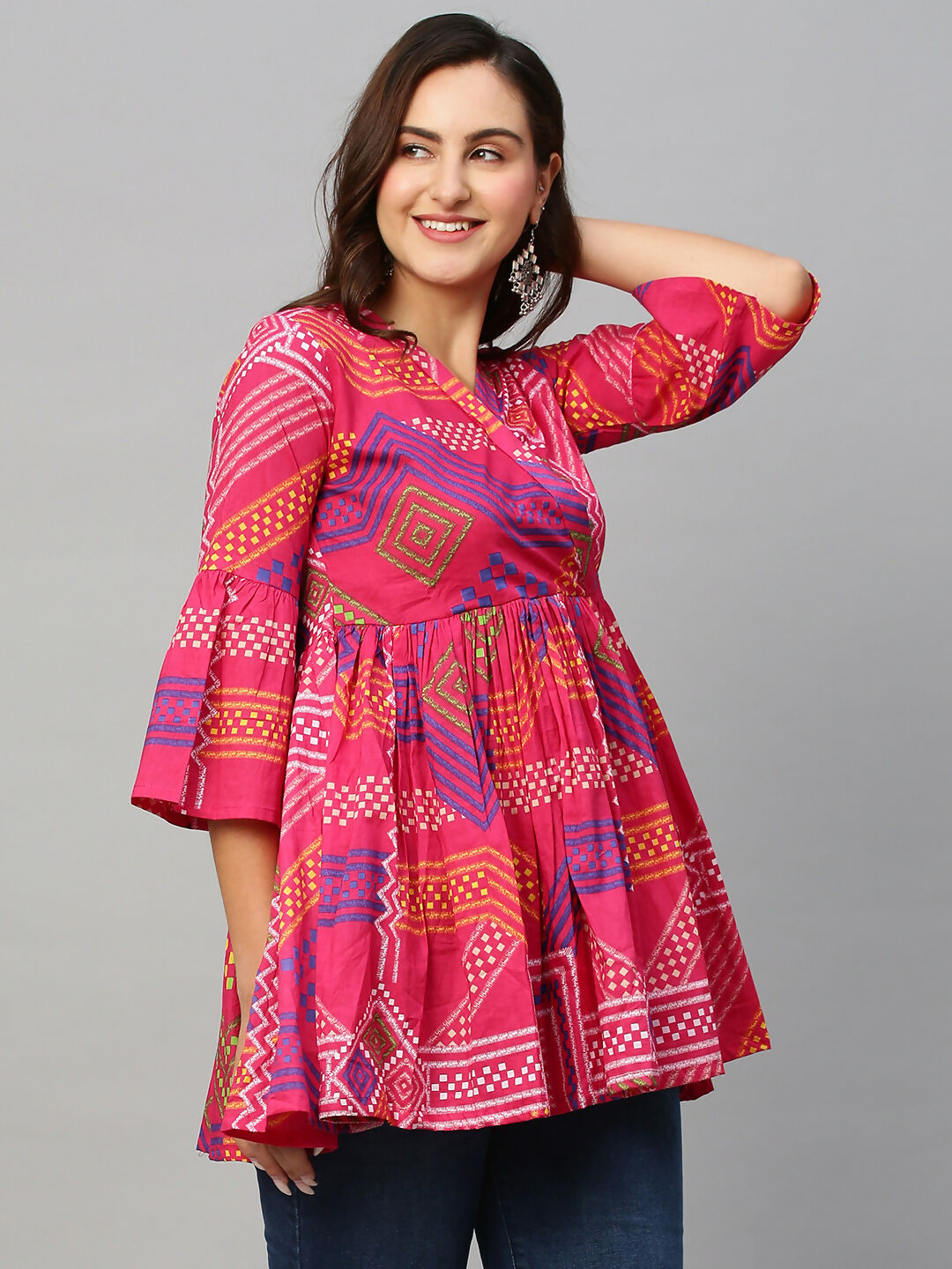 Pink Cotton Geometric Printed A-line Top - Bosky - Distacart