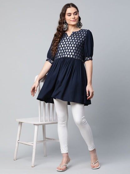 Ahalyaa Women Navy Blue Rayon Silver Foil Print Tunic - Distacart