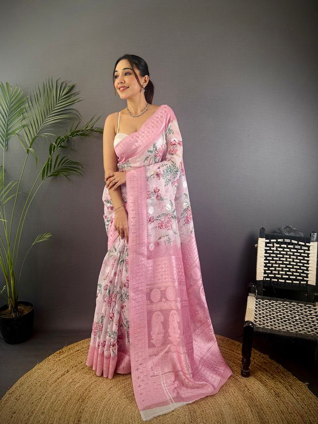 Elora Baby Pink Silk Floral Motifs Coppery Tone Contrast Floral Border Banarasi Saree - Dista