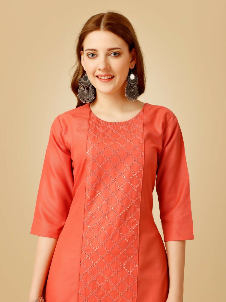 Jyoti Fashion Women's Coral Cotton Blend Embroidered Kurta Pant Set - Distacart