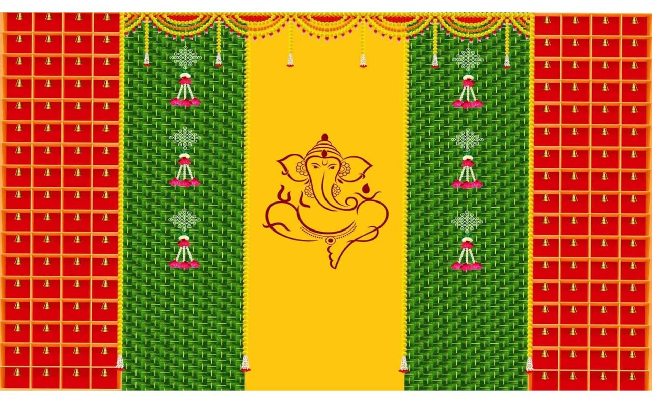 Sri Yagnaa Decoration M 34 – Ganesh Backdrop Cloth with Bells, 8 x 5 Ft - Dista