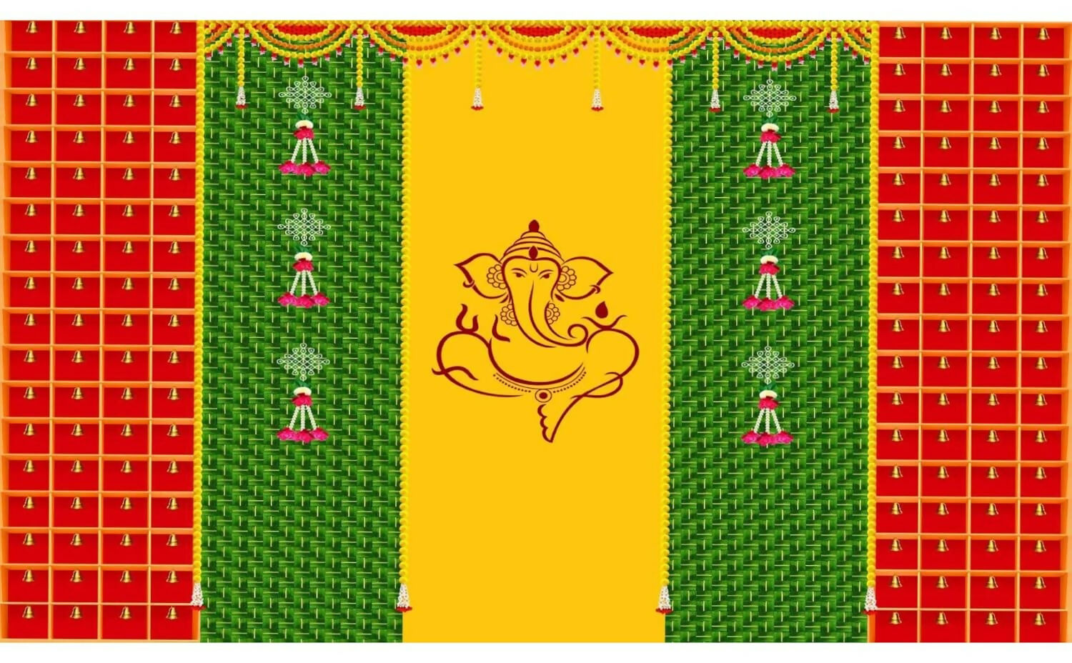 Sri Yagnaa Decoration M 34 – Ganesh Backdrop Cloth with Bells, 8 x 5 Ft - Dista