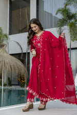 Thumbnail for The52 Women's Beautiful Vichitra Silk Fabric Embroidery Work Flared Anarkali Pant and Dupatta Set - Distacart