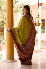 Thumbnail for Joban Fashion Grass Green Crepe Chiffon Pure Handloom Banarasi Silk Saree