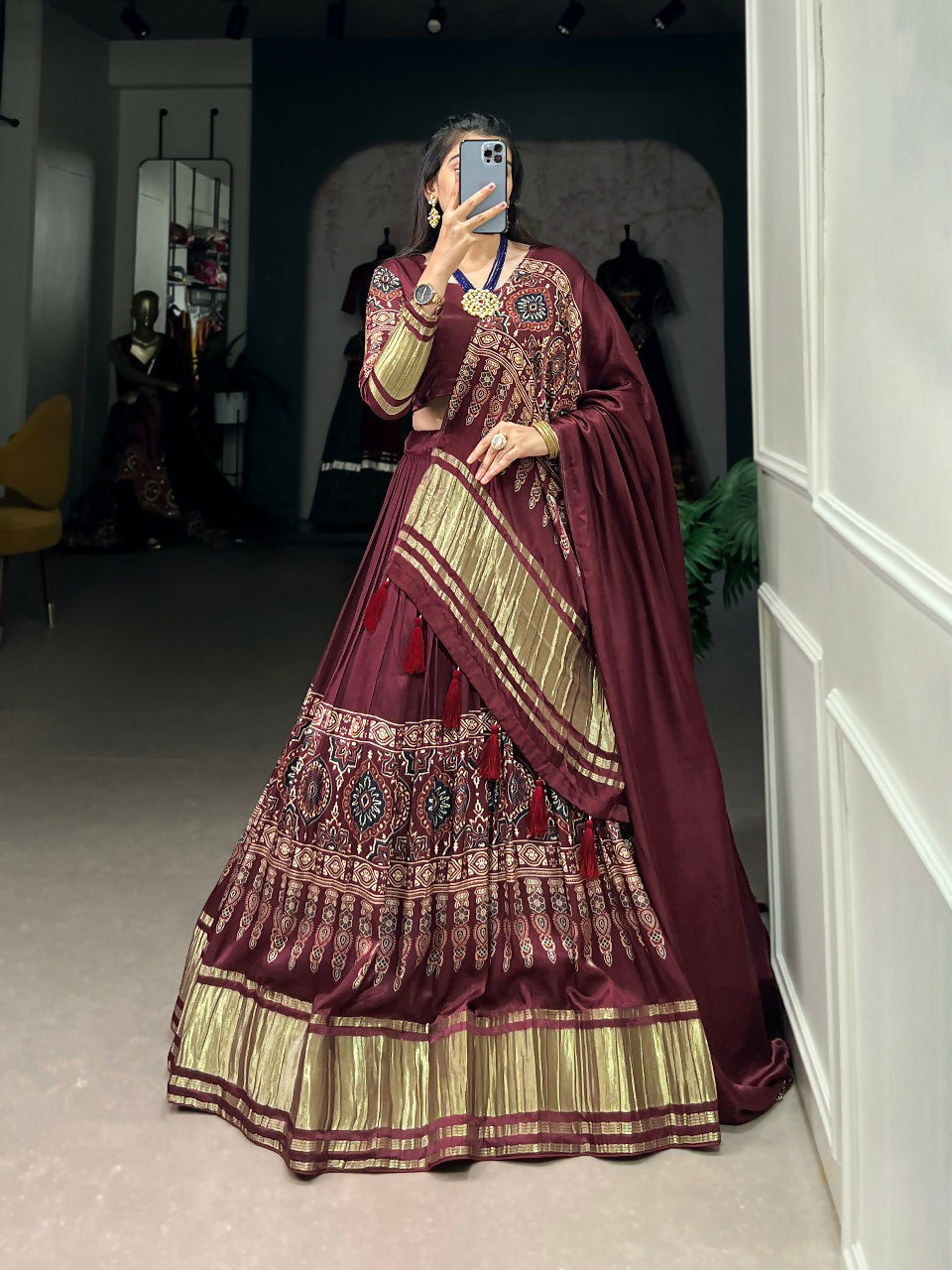 Vastranavya Traditional Every Occasion Gaji Silk Digital Print With Lagadi Patta Lehenga with Unstitched Blouse - Maroon - Distacart