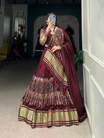 Thumbnail for Vastranavya Traditional Every Occasion Gaji Silk Digital Print With Lagadi Patta Lehenga with Unstitched Blouse - Maroon - Distacart