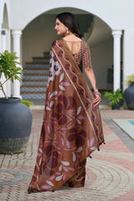 Thumbnail for Prime Volt Women's Brown Printed Mal Cotton Saree with Designer Blouse Piece - Distacart