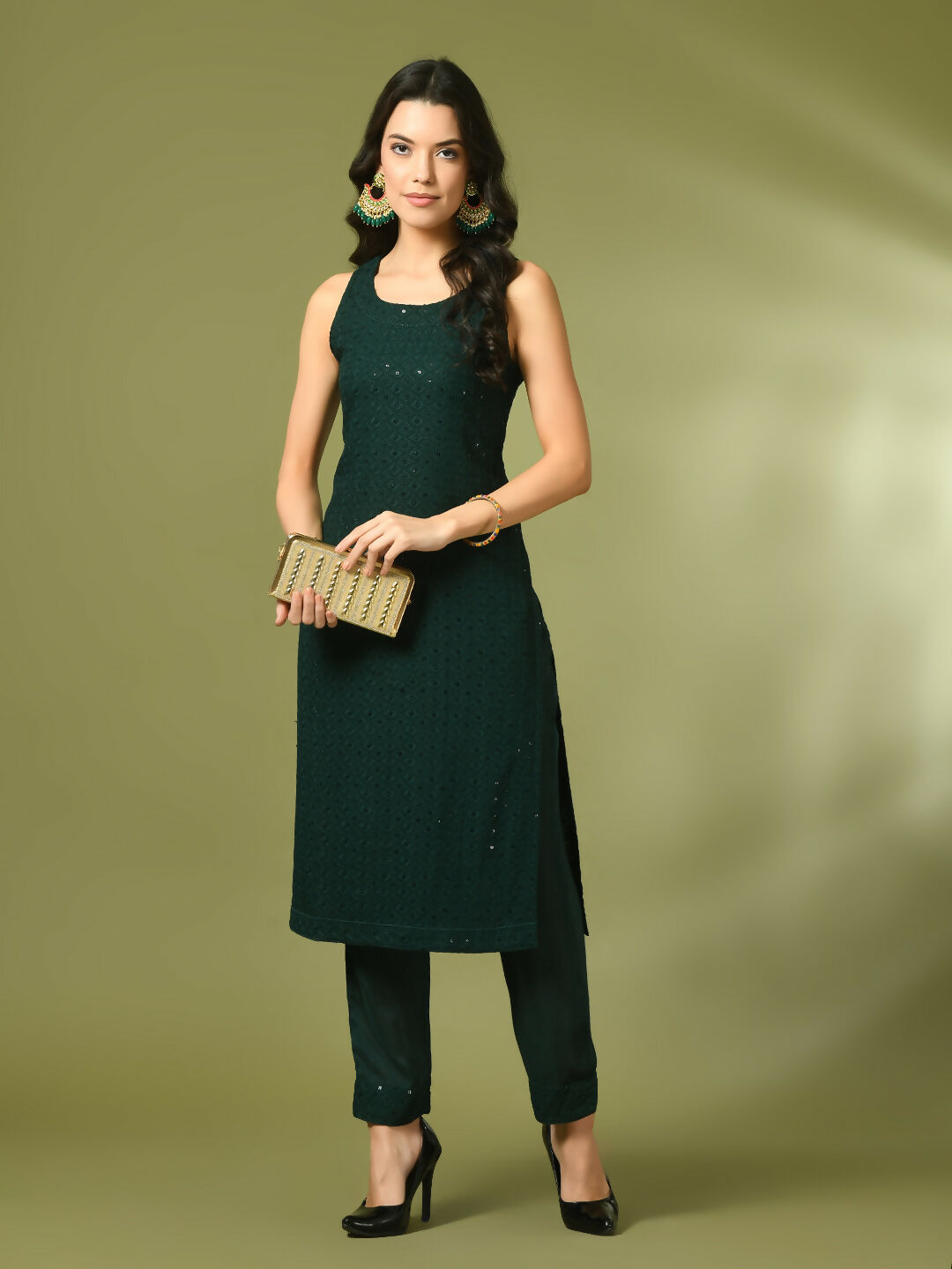 Myshka Women's Green Embroidered Cotton Straight Party Kurta Set - Distacart