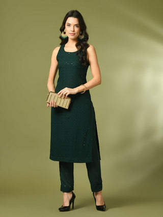 Myshka Women's Green Embroidered Cotton Straight Party Kurta Set - Distacart