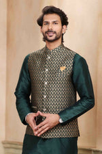 Thumbnail for Raivat Ethnic Jacquard Banarasi Silk Woven Work 3 Pics Jacket Set In Green Colour - Distacart