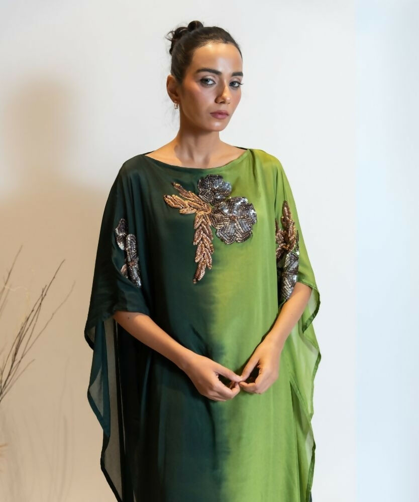 Timaraa Forest Green Ombre Embellished Georgette Kaftan Dress - Dista