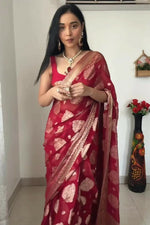 Thumbnail for Malishka Cotton Silk Jacquard Ready To Wear Saree With Blouse Piece - Red - Distacart