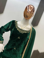Thumbnail for Vastranavya Green Velvet Sequence Embroidery Work Kurta & Bottom With Dupatta
