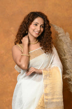 Thumbnail for Very Much Indian Handloom Pure Cotton Linen Saree With Golden Border - White - Distacart