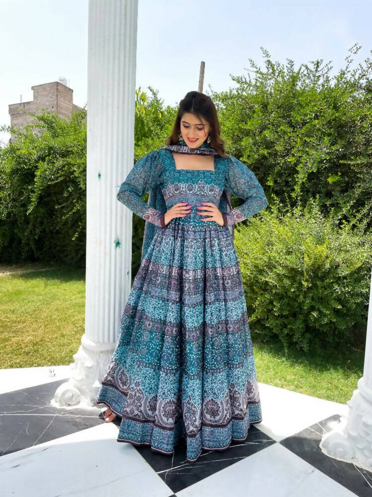 All Season Designer Blue With Multycolor Pure Maslin Gown - Anbazaar - Distacart