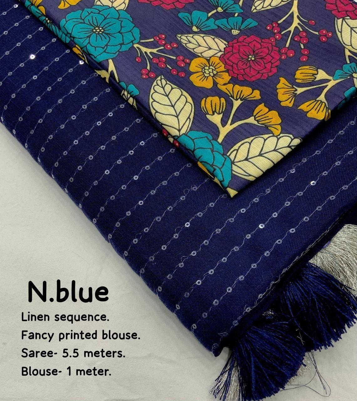 Nblue Linen Sequence Saree with Unstitched Blouse - Hiral Fashion - Distacart