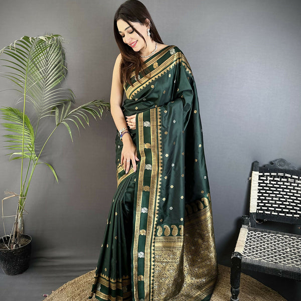Joban Fashion Dark Green Banarasi Soft Silk Woven Saree