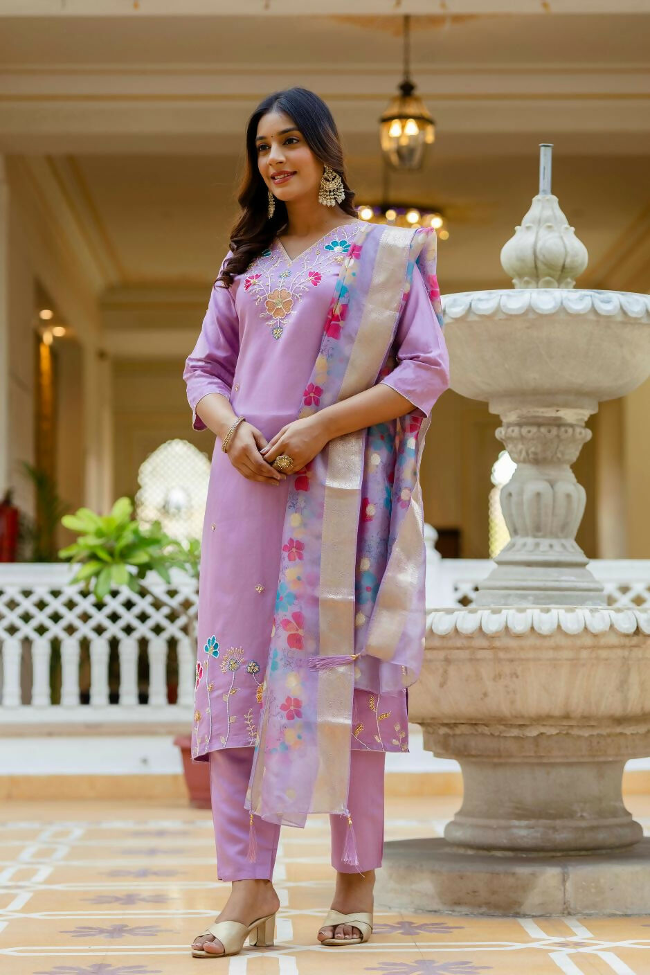 The52 Lavender Women's Gorgeous Embroidered work Viscose Gadhwal Fabric Straight Kurta, Pant and Dupatta Set - Distacart