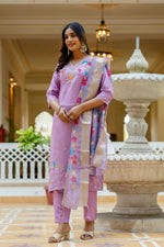 Thumbnail for The52 Lavender Women's Gorgeous Embroidered work Viscose Gadhwal Fabric Straight Kurta, Pant and Dupatta Set - Distacart