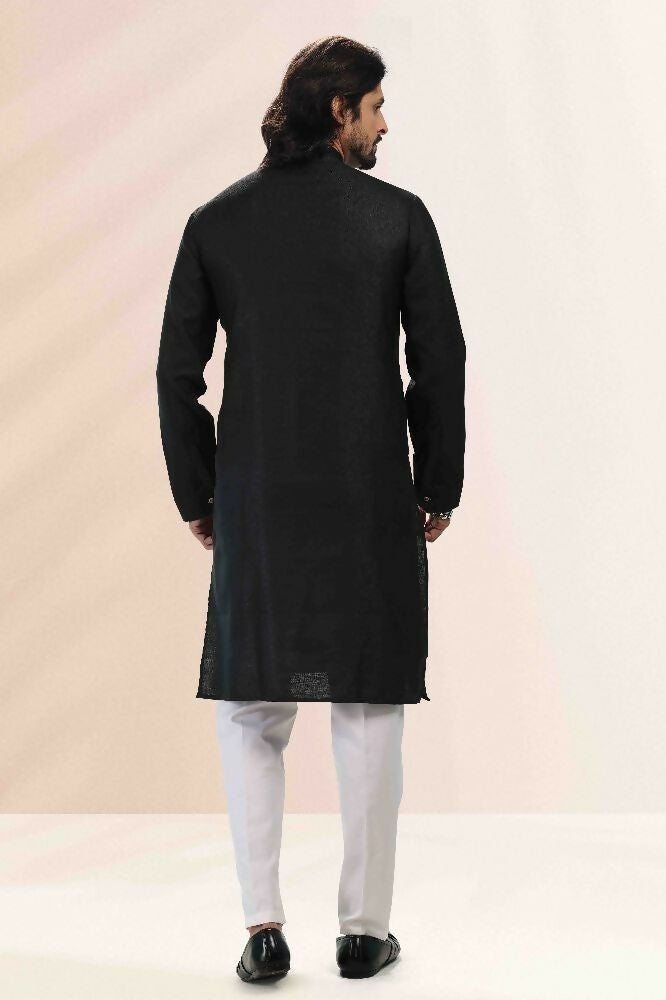 Raivat Ethnic Linen Cotton Pintux Work Kurta Pajama In Black Colour - Dista