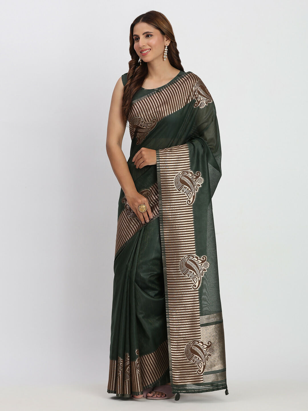 Astita Linen Cotton Dark Green Saree