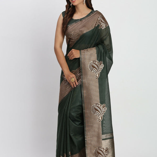 Astita Linen Cotton Dark Green Saree
