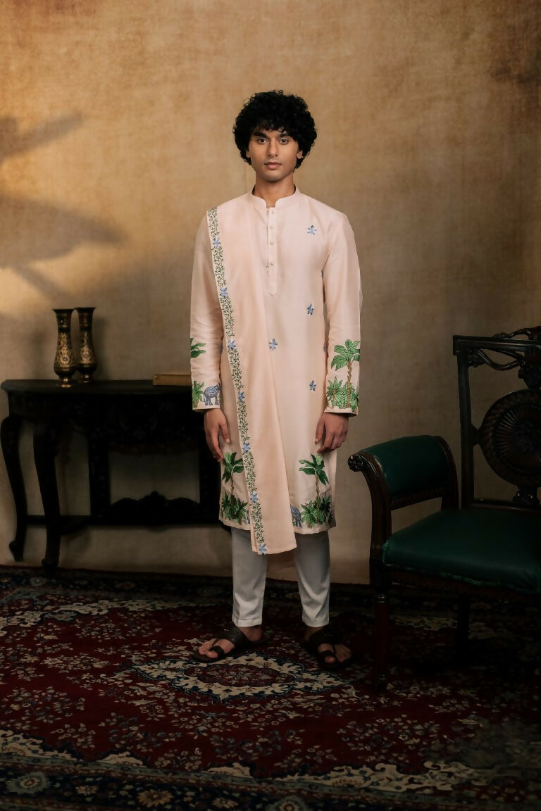 Falling Raw Silk Peach Gajavana Kurta Set By Hilo Design