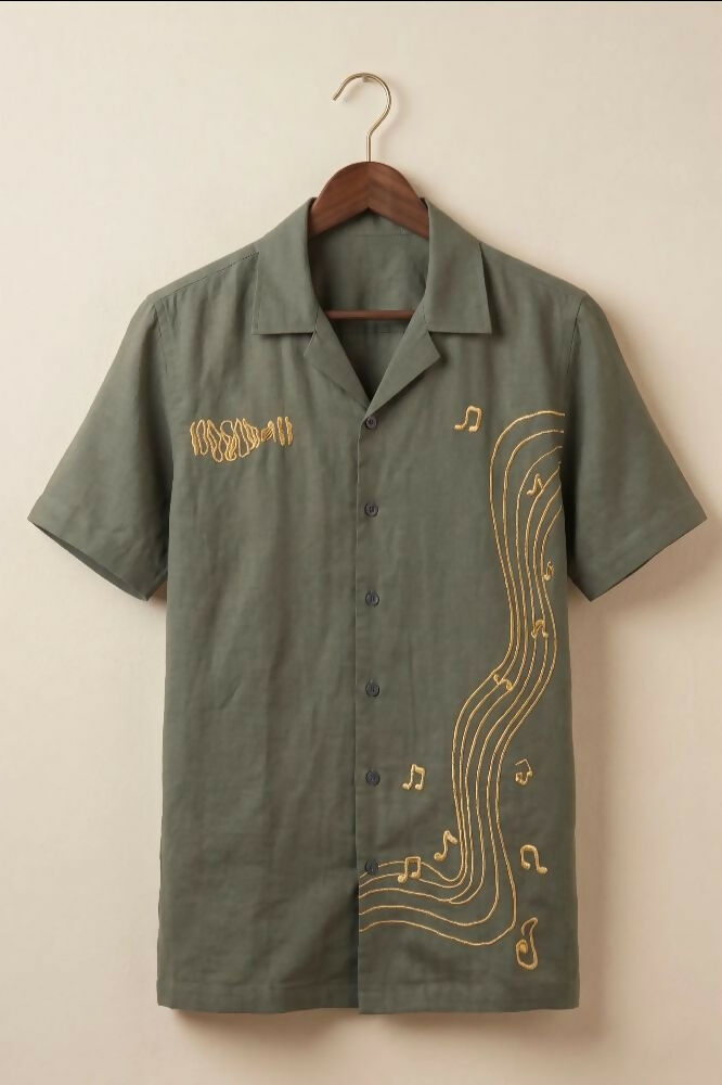 Echo — Green Music Embroidered Cotton Shirt by Hilo Design - Dista
