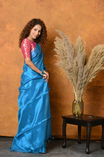 Thumbnail for Very Much Indian Fusion Cotton Tissue Shimmer Saree - Light Blue - Distacart
