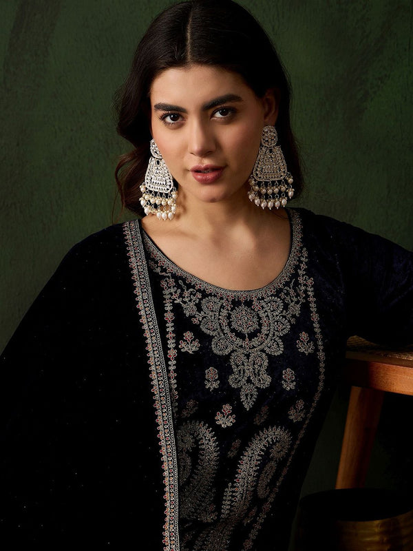 Sangria Floral Embroidered Straight Kurta & Trousers With Dupatta - Distacart
