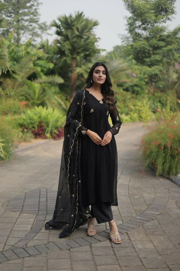 Jyoti Fashion Women's Black Faux Blooming Embroidered Kurta with Trouser & Dupatta - Distacart