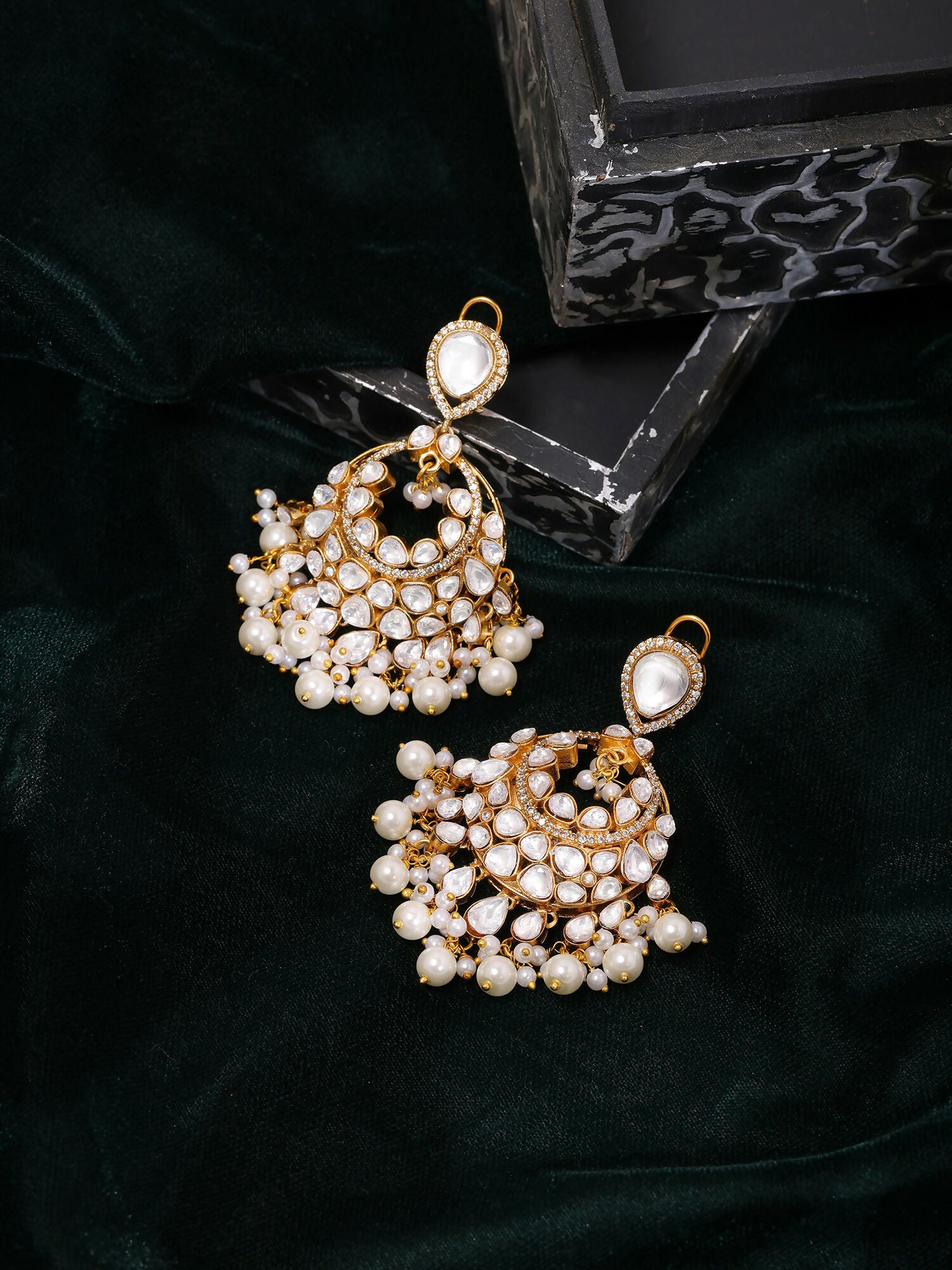 Ruby Raang Gold Polished White Chand Kundan Earrings