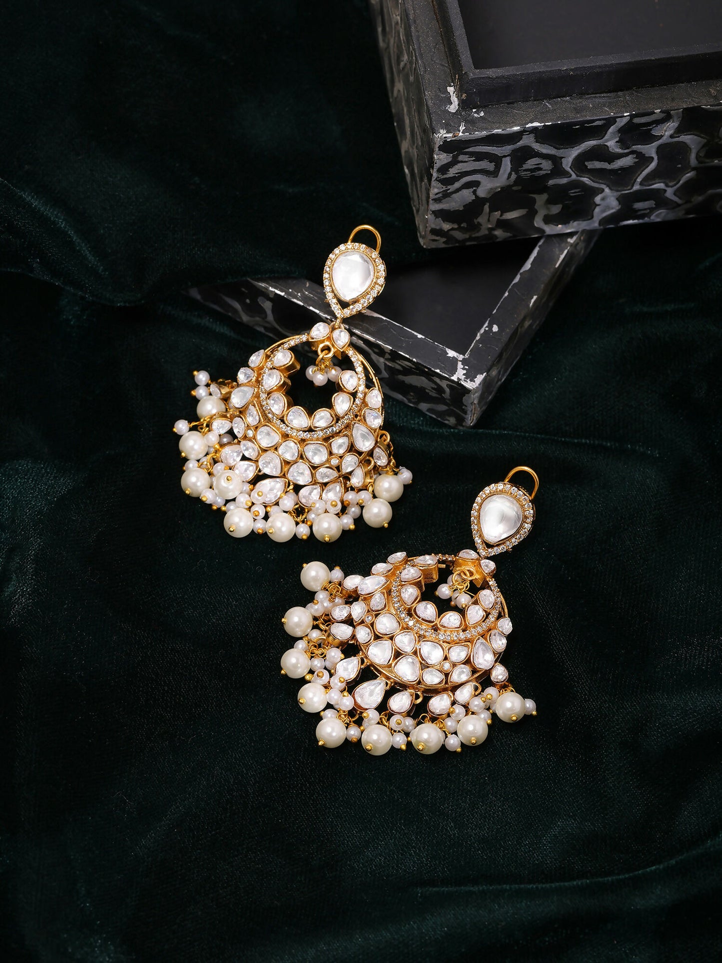 Ruby Raang Gold Polished White Chand Kundan Earrings - Distacart