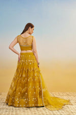 Thumbnail for Aastha Fashion Mustard Yellow Butterfly Net Tone To Tone Cotton Thread Work And Sequence Work Embroidery Wedding Wear Lehenga Choli - Distacart