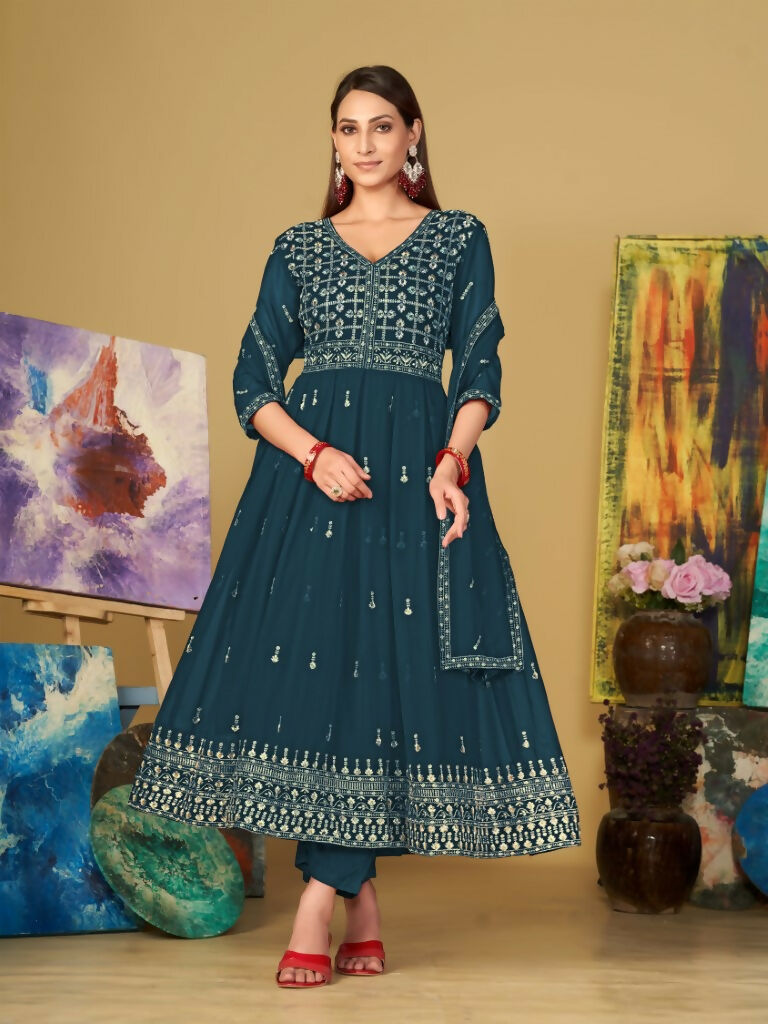 Jyoti Fashion Women's Rama Georgette Embroidered Anarkali Kurta Pant Set With Dupatta - Distacart