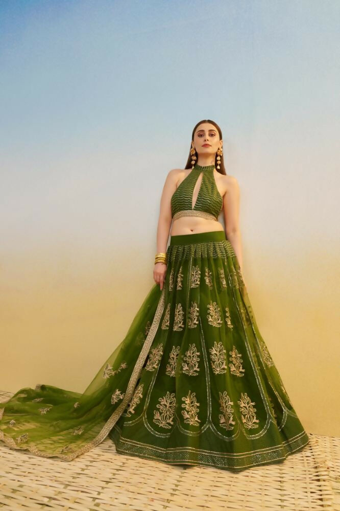 Aastha Fashion Mehandi Green Butterfly Net Tone To Tone Cotton Thread Work And Sequence Work Embroidery Wedding Wear Lehenga Choli - Distacart