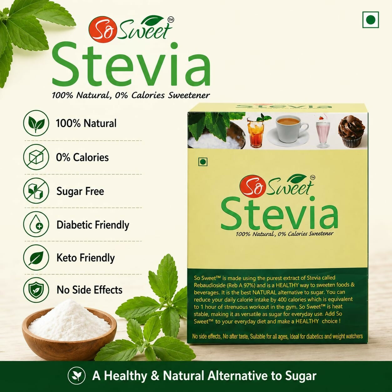So Sweet Stevia Sachets -50 Sugar Free Natural Sweetener - Dista