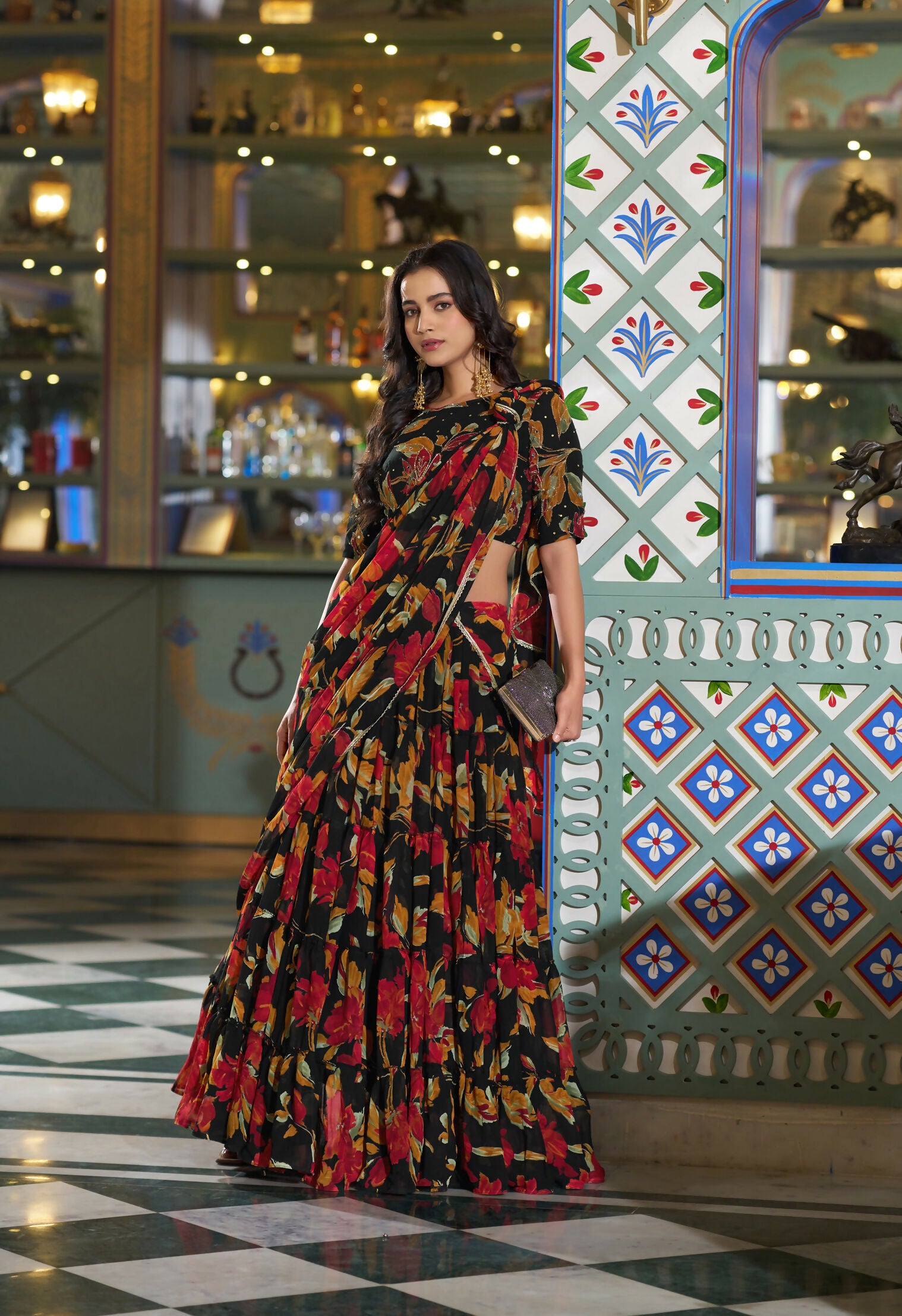 Lorenvalley Fashion Black Tasar Silk Printed And Iconic Sparkle with Lace Border Lehenga Choli with Dupatta - Dista