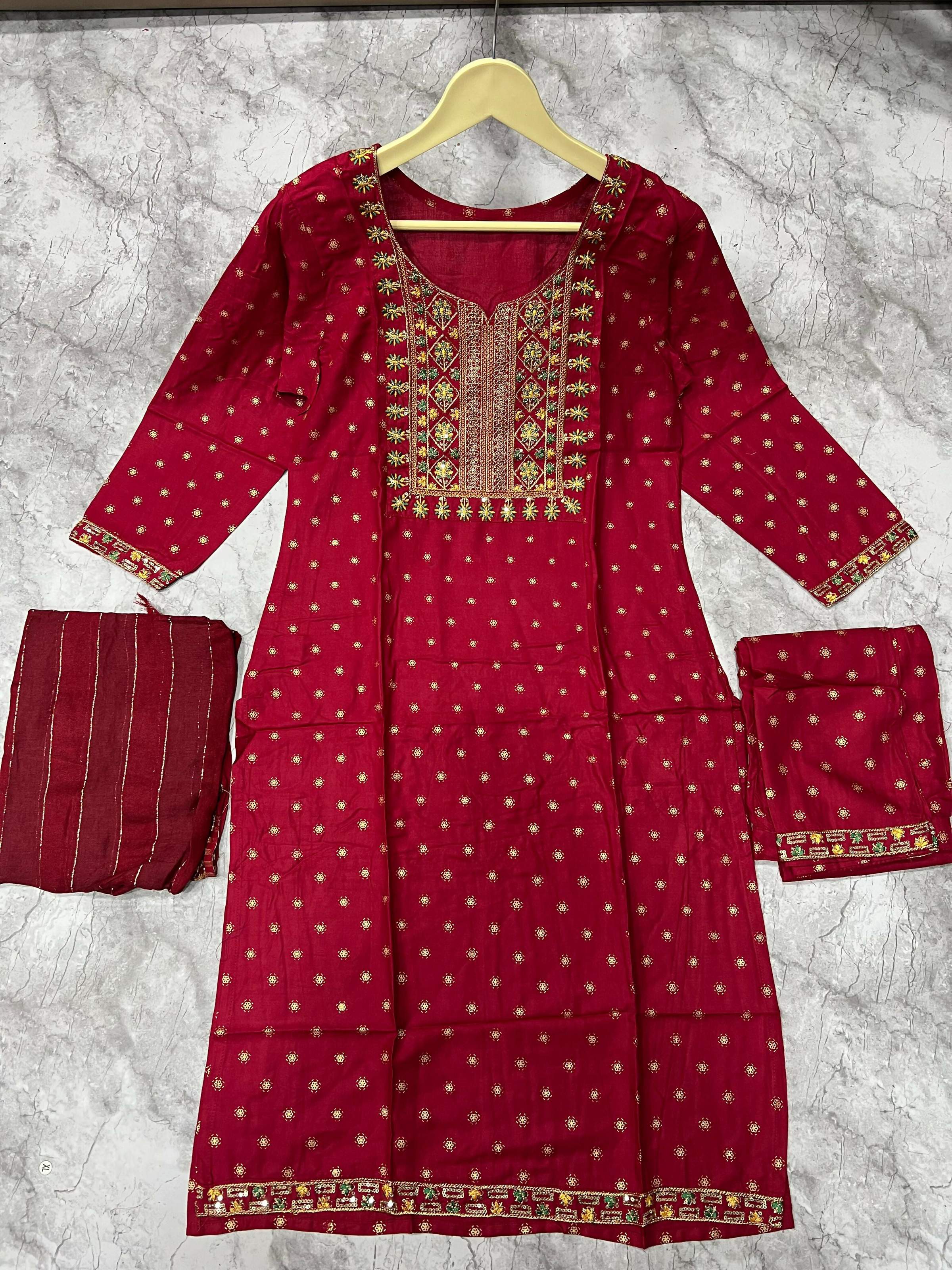 Jyoti Fashion Women's Maroon 14KG Rayon Foil Print with Embroidery Kurta Set - Distacart