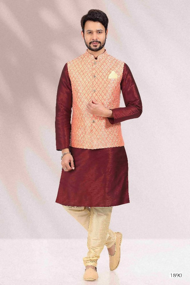 Raivat Ethnic Jacquard Banarasi Silk Woven Work 3 Pics Jacket Set In Peach Colour - Distacart