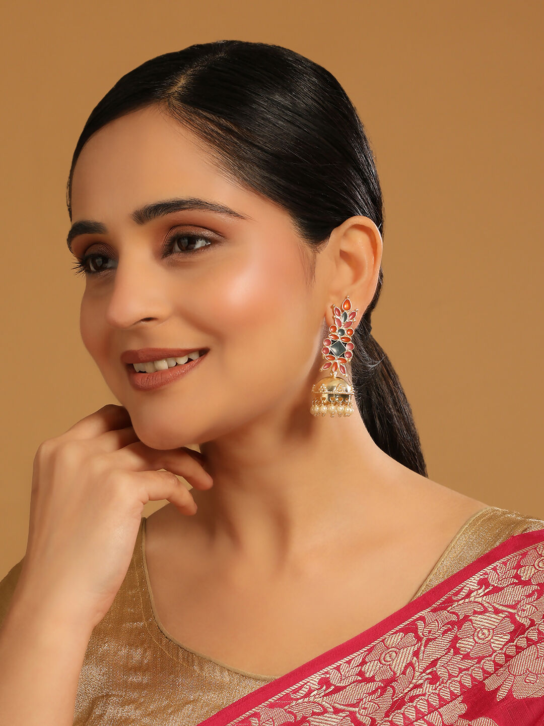 Nuyug 22K Gold-Plated Enamel & Beaded Dome Shaped Jhumka Earrings