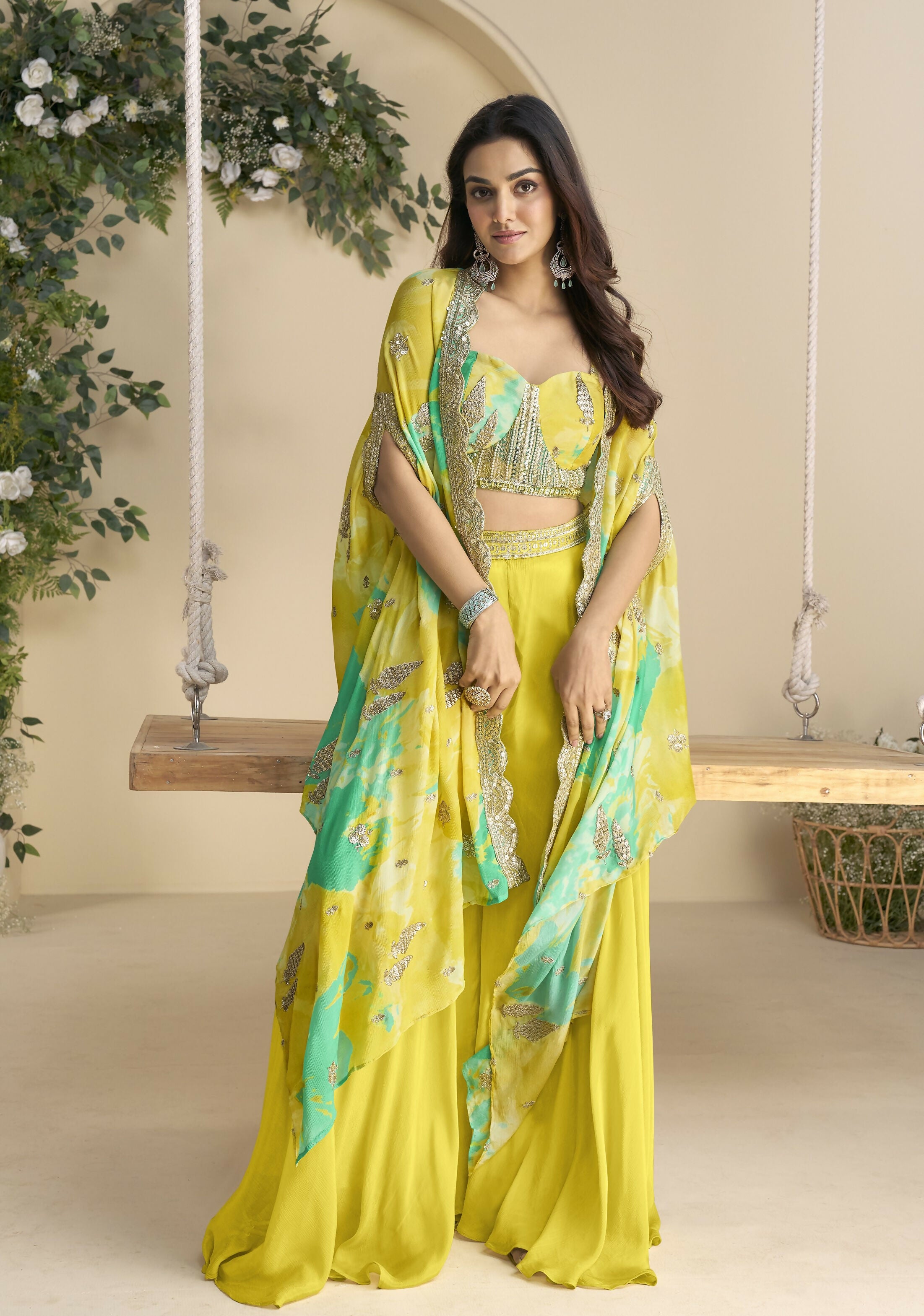 Anaita Mustard Chinon Readymade Shrug Suit with Embroidery Sequence Work - Distacart