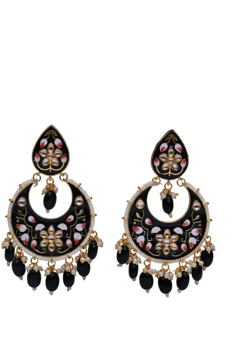 Black Gold-Polished Brass & Pearl Dangle Women Earrings| Hand Painted Meenakari Chandbali Traditional Ethnic Wear Earrings By House of Ree - Distacart