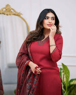 Thumbnail for The52 Maroon Women's Gorgeous Parampara Fabric Embroidered Work Straight Kurta Pant and Dupatta Set - Distacart