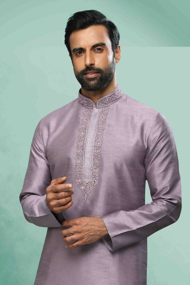 Raivat Ethnic Art Silk Mirror Embroidery Work Kurta Pajama In Lavender Colour - Dista